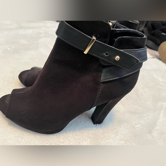 Black Suede Peep Toe Booties - Picture 2 of 5